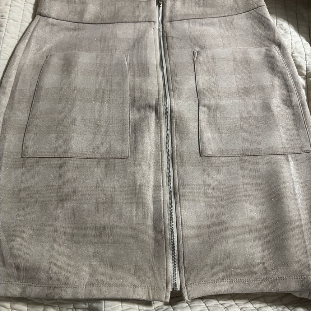 Alice Blue Taupe Plaid Mini Skirt with Front Zip Has glitter shine to it